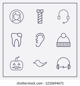 Outline 9 head icon set. halloween pumpkin, bird, woman user and ear vector illustration