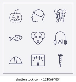 Outline 9 Head Icon Set. Head In Brain, Halloween Pumpkin, Fish And Safety Helmet Vector Illustration