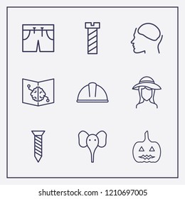 Outline 9 head icon set. head in brain, elephant, girl head in hat and safety helmet vector illustration