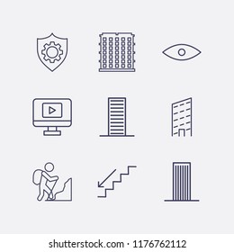 Outline 9 High Icon Set. Rock Climber, Monitor With Media Player, Building, Shield Setting, Stairs Down And Eye Vector Illustration