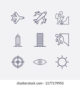Outline 9 high icon set. airplane, eye, rock climber, aim, building and sun vector illustration