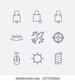 Outline 9 high icon set. airplane, sun, shopping bag remove, building, mountain, aim and wifi mouse vector illustration