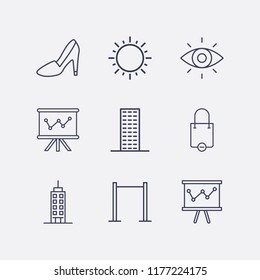 Outline 9 high icon set. shopping bag remove, eye, pull up, board in analytics, steep heel, building and sun vector illustration