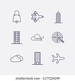 Outline 9 high icon set. shopping bag remove, target, building, cloud and airplane vector illustration