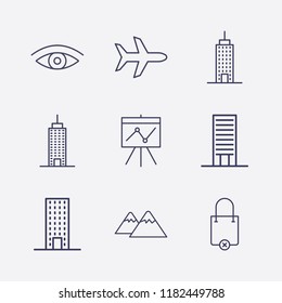 Outline 9 high icon set. board in analytics, shopping bag remove, eye, building, mountain and airplane vector illustration