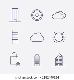 Outline 9 high icon set. ladder, shopping bag remove, sun, cloud, aim and building vector illustration