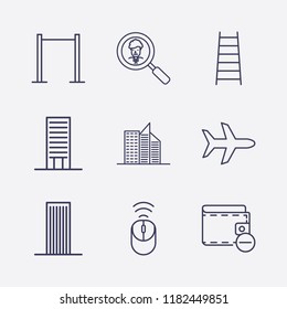 Outline 9 high icon set. wifi mouse, ladder, pull up, building, airplane, remove wallet and search businessman vector illustration
