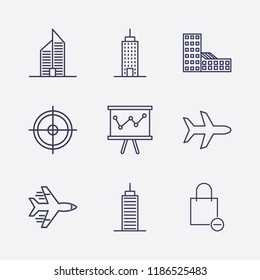 Outline 9 high icon set. aim, shopping bag remove, building, board in analytics and airplane vector illustration