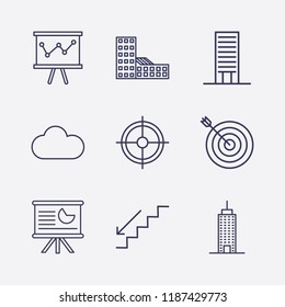 Outline 9 high icon set. building, target, board in analytics, cloud, stairs down and aim vector illustration