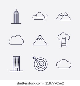 Outline 9 high icon set. target, cloud with ladder, building, mountain and cloud vector illustration