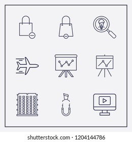 Outline 9 high icon set. search businessman, board in analytics, shopping bag remove and monitor with media player vector illustration