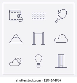 Outline 9 high icon set. remove wallet, cloud, air balloon and table tennis vector illustration