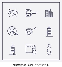 Outline 9 high icon set. eye, magnet human, building and remove wallet vector illustration