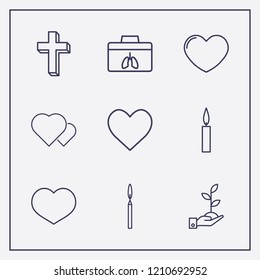 Outline 9 hope icon set. hand with plant, heart, cross and organ donation vector illustration