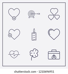 Outline 9 hope icon set. heart, organ donation, add heart and candle vector illustration