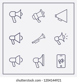 Outline 9 horn icon set. megaphone, trumpet and phone with megaphone vector illustration