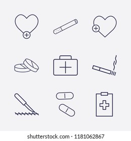 Outline 9 hospital icon set. medicine briefcase, scalpel, cigarette, add heart, medicine clipboard and pill vector illustration