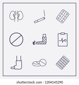 Outline 9 hospital icon set. kidney, broken foot, cigarette and broken hand vector illustration