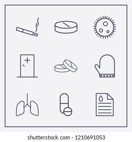 Outline 9 hospital icon set. glove, medicine door, cigarette and medicine document vector illustration