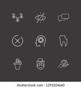 Outline 9 human icon set. chat, head in gear, close and hand holding earth vector illustration