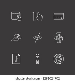Outline 9 human icon set. globe setting, credit card, robot and document vector illustration