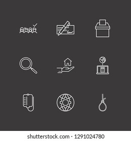 Outline 9 human icon set. suicide rope, globe setting, hand with house and cheque vector illustration