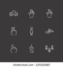 Outline 9 human icon set. one finger, chat bot, businessman group and money withdrawal vector illustration