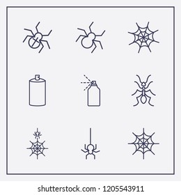 Outline 9 insect icon set. spray, ant, spider web and halloween spider vector illustration