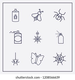 Outline 9 insect icon set. butterfly, spider web, bug spray and spray vector illustration