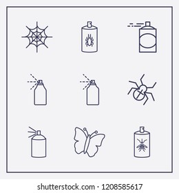 Outline 9 insect icon set. spray, spider web, butterfly and spider vector illustration