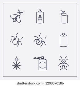 Outline 9 insect icon set. bug spray, spider web, bee and ant vector illustration