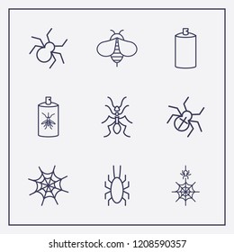 Outline 9 insect icon set. bug spray, spray, ant and spider web vector illustration
