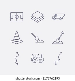 Outline 9 land icon set. road traffic, tractor, layer, football field, shovel in the ground, distance map and dump truck vector illustration