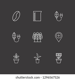 Outline 9 leaf icon set. beaker, add location, flower money and leaf energy vector illustration