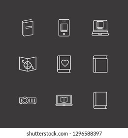 Outline 9 learning icon set. book, online book reading, book with brain and projector vector illustration