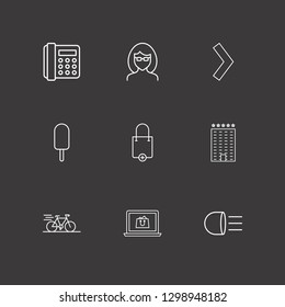 Outline 9 lifestyle icon set. bike, online shopping, headlamp and hotel vector illustration