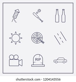 Outline 9 light icon set. sun, car, fireworks and video camera vector illustration