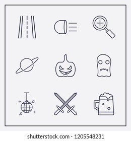 Outline 9 light icon set. headlamp, sword, disco ball and road vector illustration