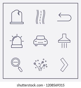 Outline 9 light icon set. road, alarm flasher, kitchen extractor and zoom out vector illustration