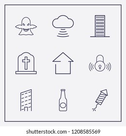 Outline 9 light icon set. fireworks, cloud signal, beer bottle and smart lock vector illustration