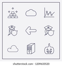 Outline 9 light icon set. pc case, analytics chart, halloween pumpkin and arrow vector illustration