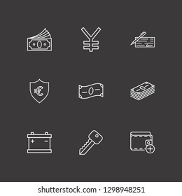 Outline 9 loan icon set. money check, yen, add money and money vector illustration