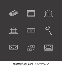 Outline 9 loan icon set. accumulator, money exchange, money and key vector illustration