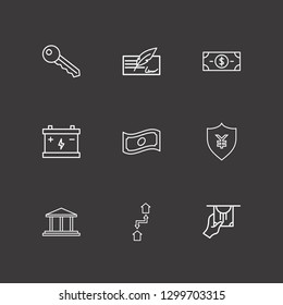 Outline 9 loan icon set. money shield, exchange home, accumulator and money check vector illustration