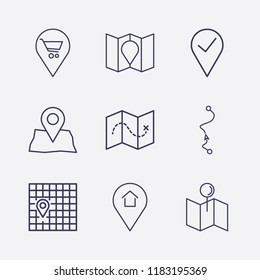 Outline 9 location icon set. map location, map, location home, pin check, distance map and shopping location vector illustration