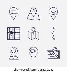 Outline 9 location icon set. map location, truck,cash withdrawal, shopping location and distance map vector illustration
