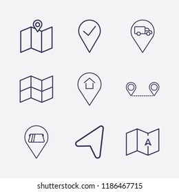 Outline 9 location icon set. pin check, location cash withdrawal, truck, home,arrow, map and distance map vector illustration