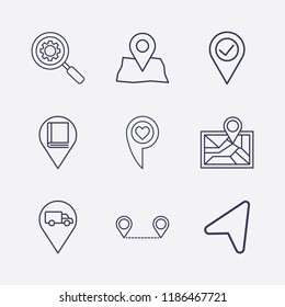 Outline 9 location icon set. distance map, truck , love , library , search setting, location arrow and location check vector illustration
