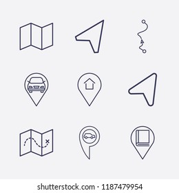 Outline 9 location icon set. map, arrow, car location, home, library and distance map vector illustration