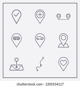 Outline 9 location icon set. love , bus , add and map location vector illustration